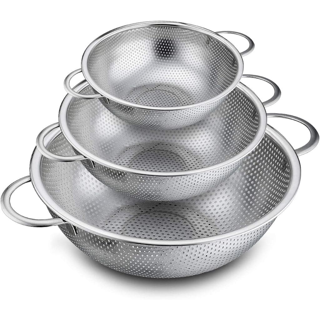 Conjunto de Escorredores P&P CHEF de 3 Peças, Coador de Aço Inoxidável com Micro-Poros, para Escorrer, Enxaguar e Lavar,