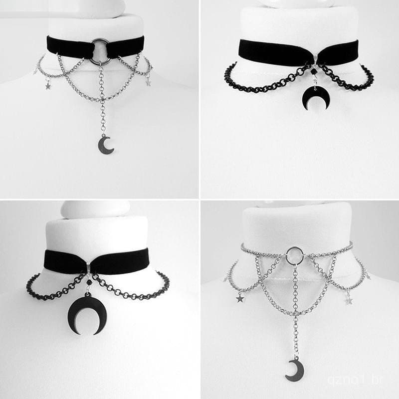 Colar Gótico de Veludo Preto Adegree para Mulheres, Joia de Moda Pagã com Lua, Cruz, Morcego e Aranha, Gargantilha Femin