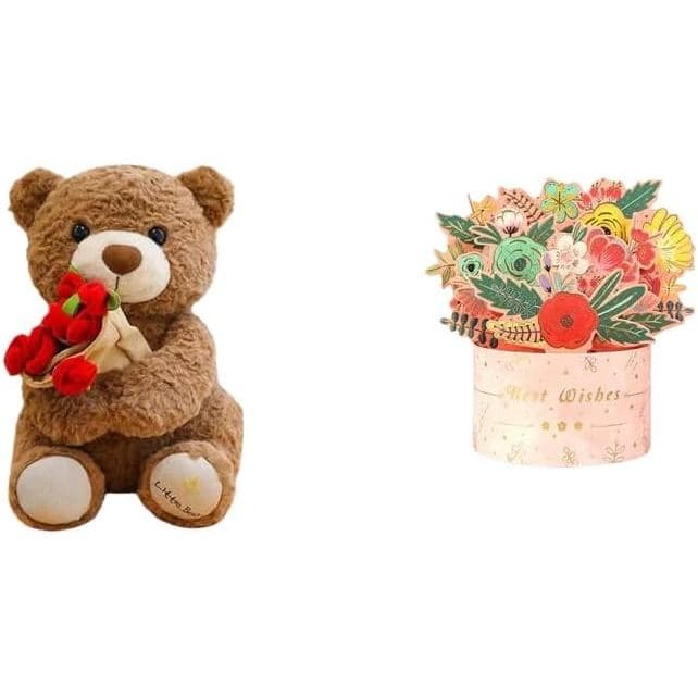 Urso de Pelúcia Aocesk com Buquê de Rosas, Presente de Urso de Pelúcia para o Dia dos Namorados com Rosa, Urso de Pelúci