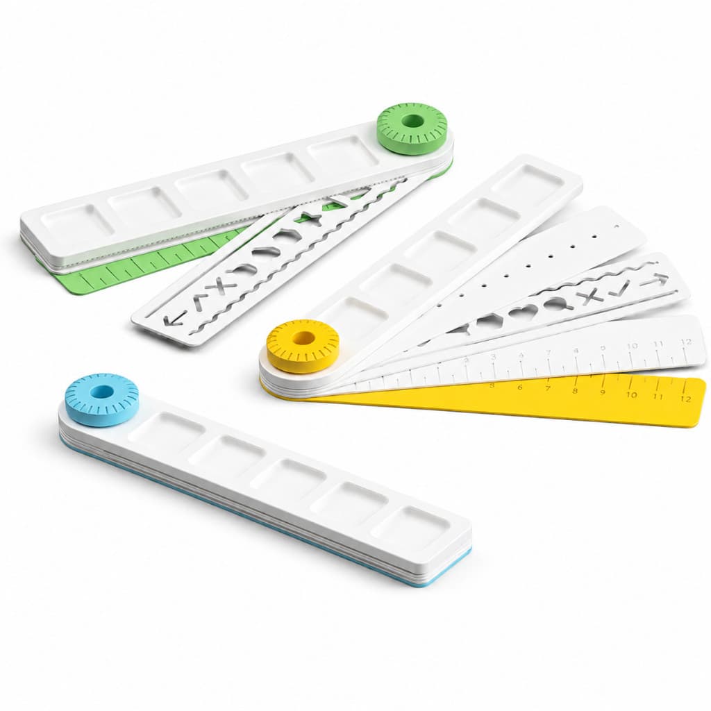 Kit Escolar Dobrável Multifuncional 5 em 1 | Régua 12cm + Compasso + Estêncil + Paleta de Aquarela + Porta-Lápis