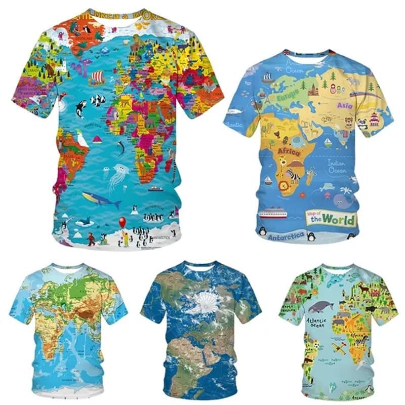Camiseta Masculina Mapa Do Mundo 3D Impresso t Camisa Y2k Moda Novidade Gráfico Manga Curta Topos Verão Casual Roupas Ma