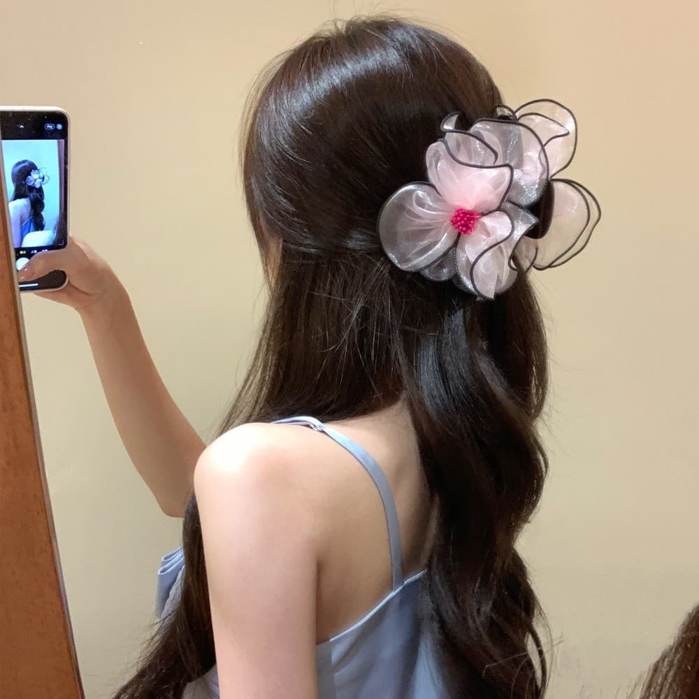 Moouga/Fairy inteligente borda preta rosa núcleo gaze flor garra de cabelo verão fresco volta cabeça cabelo tubarão clip