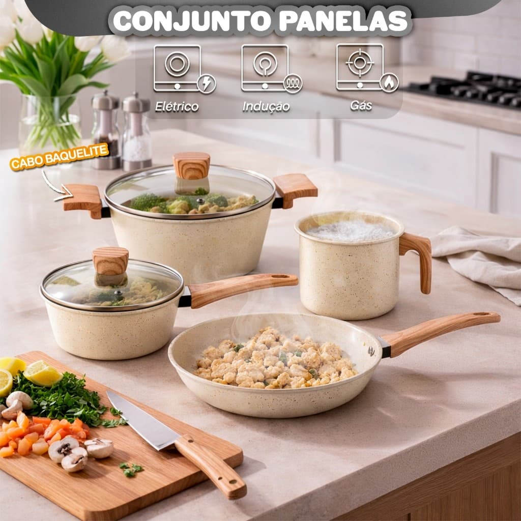 Jogo De Panelas 4 Peças Antiaderente Com Tampa Revestimento Cerâmico