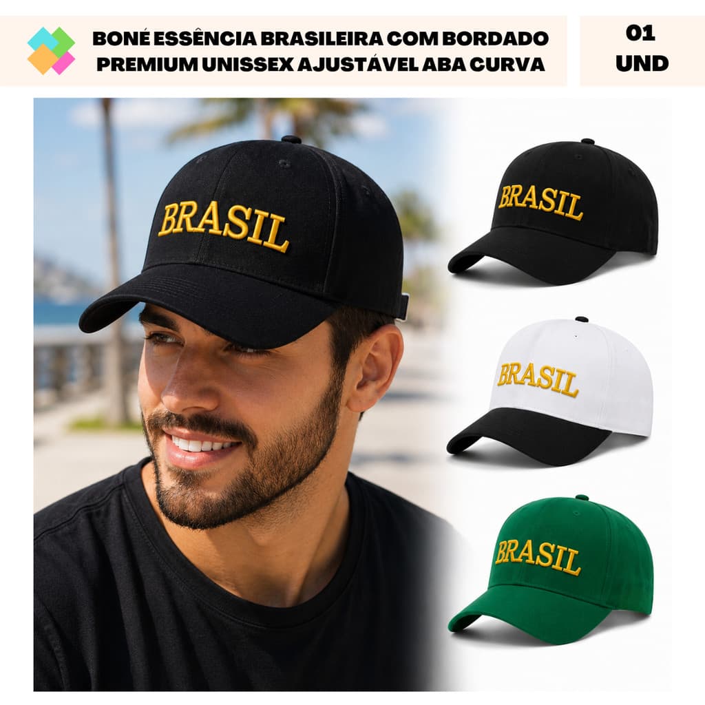 Boné Essência Brasileira Com Bordado Premium Unissex Ajustável Aba Curva (1 Und)