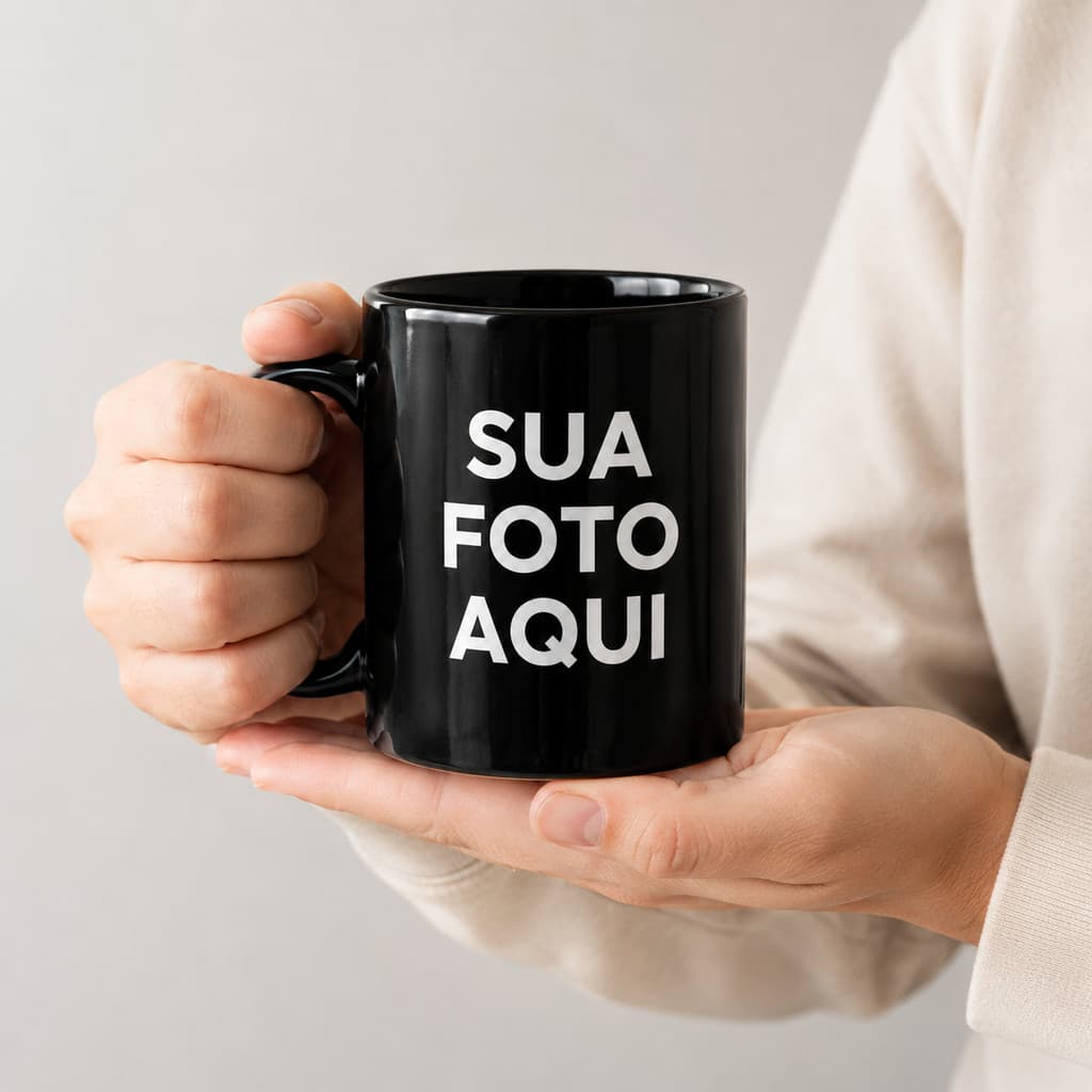 Caneca Preta Personalizada com Foto, Nome, Logo ou Arte | Presente Criativo em Porcelana 325ml