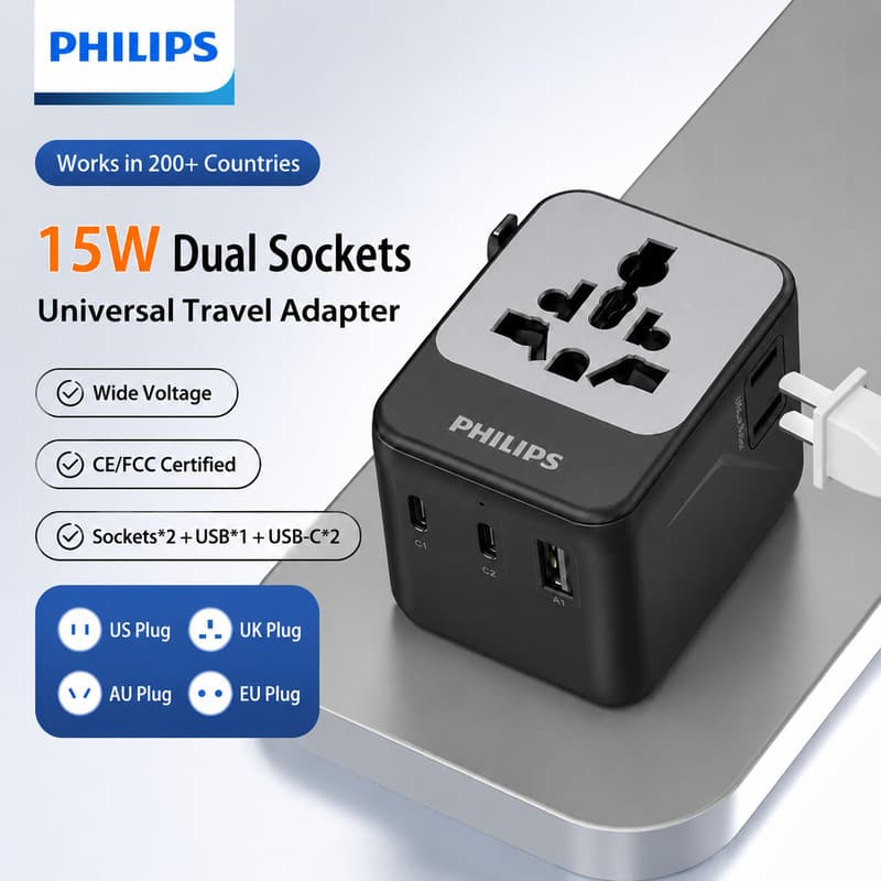 Adaptador De Viagem Universal Philips SPN1612B/93 15W 2C1A 2 Tomadas Ca Carregador Multi Plug Com Obturador De Segurança