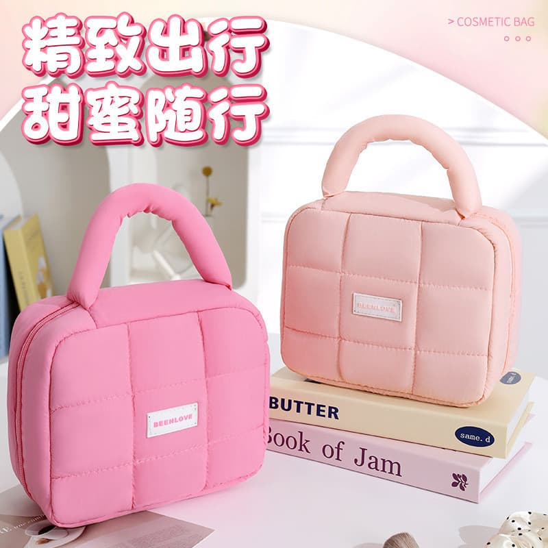 [Estoque pronto] Novo estilo Puff quadrado saco de armazenamento Macaron cor menina macio portátil saco cosmético grande