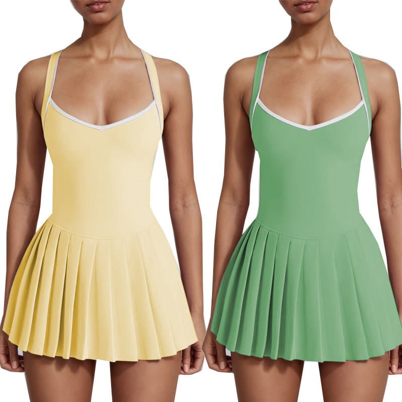 Vestido de uma peça para ioga com almofada no peito, cor contrastante, saia plissada, alta elasticidade, secagem rápida,