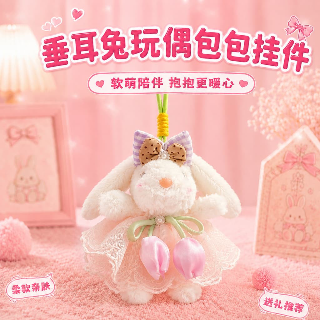 [Estoque pronto] Criativo tulipa Bowknot gaze saia Lop-eared coelho boneca coelho brinquedo de pelúcia boneca pingente s