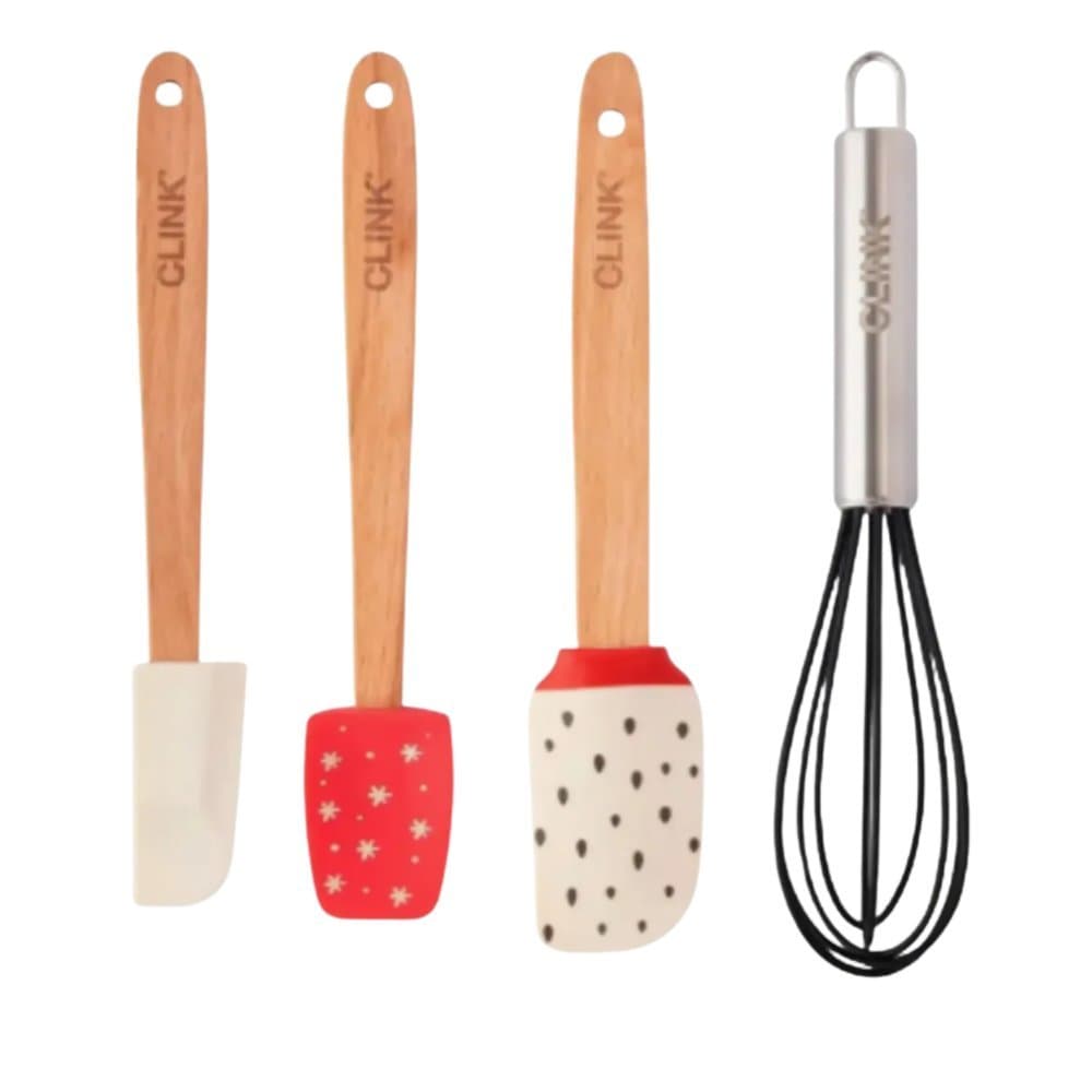 Kit Utensílios de Silicone 4 Peças Clink Espátulas e Batedor Fue Cabo de Madeira Antiaderente Confeitaria Cozinha