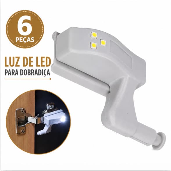 Kit 6 Lâmpadas LED para Dobradiça de Armário com Sensor Automático Luz Interna Guarda-Roupa