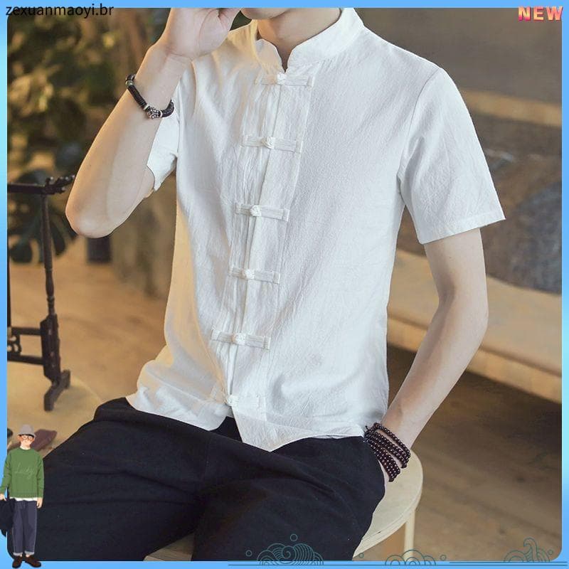 Novo terno Zhongshan masculino verão algodão linho de manga curta traje antigo camisa masculina Hanfu estilo república d