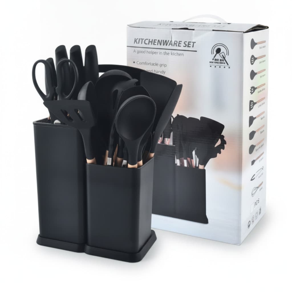 Kit Utensilios Cozinha Silicone 19 Peças Cabo Madeira Suporte Organizador Resistente Calor Antiaderente Design Moderno
