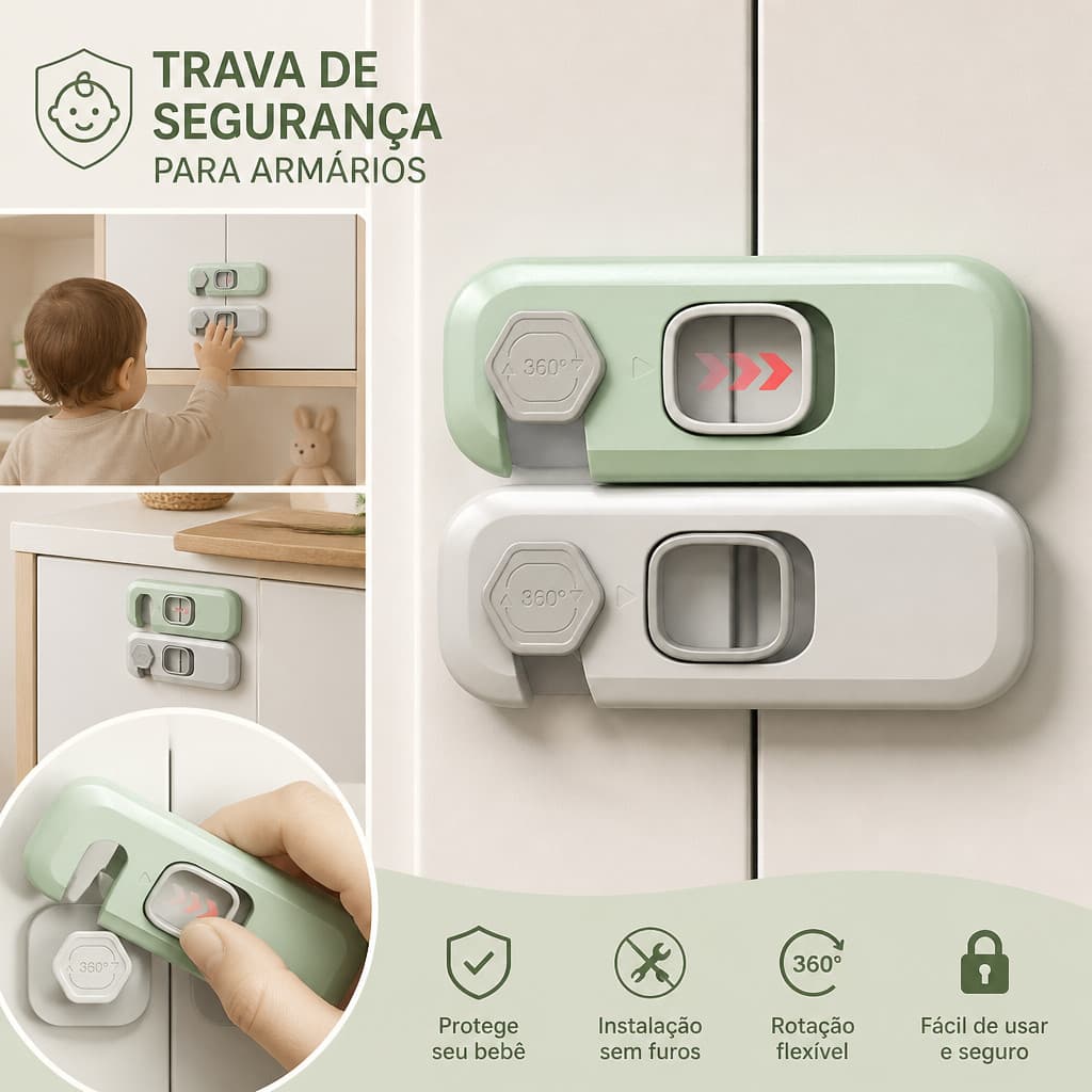 Trava de Segurança Infantil - Proteção para Portas, Armários, Geladeiras e Gavetas