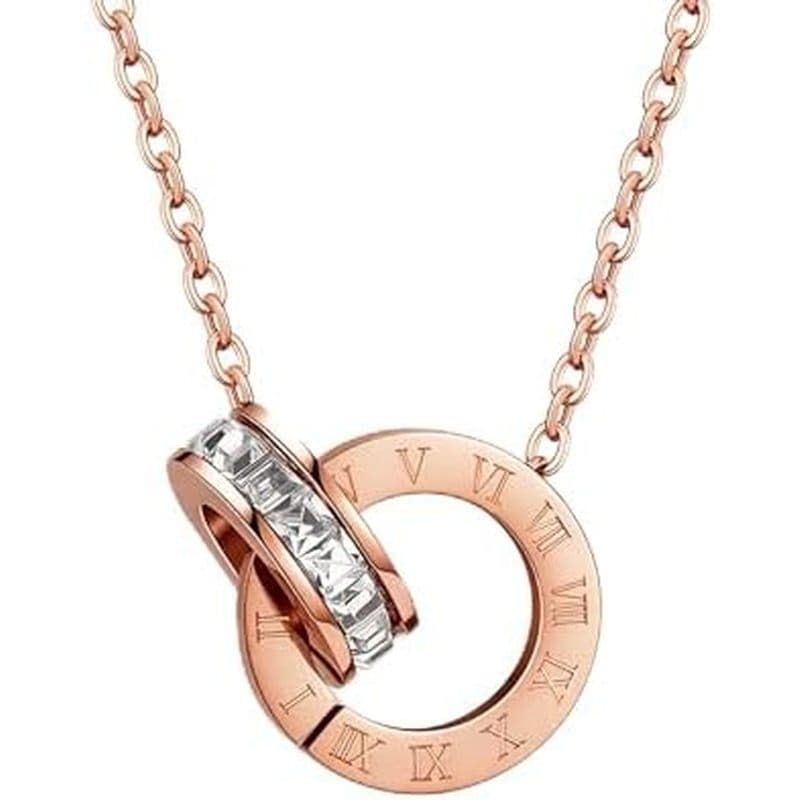 Colar Com Pingente De Anel Duplo Para Mulheres Algarismos Romanos , Detalhes Em Cristal , Ouro Rosa , Prata