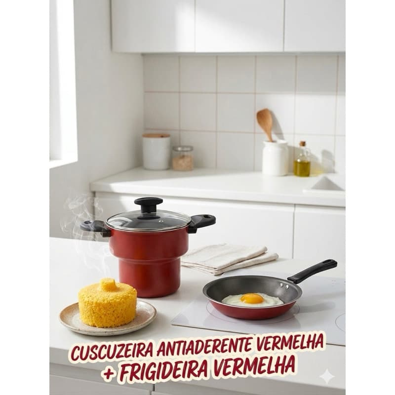 Cuscuzeira Antiaderente + FritaOvo vermelho tampa de vidro kit 2 peças