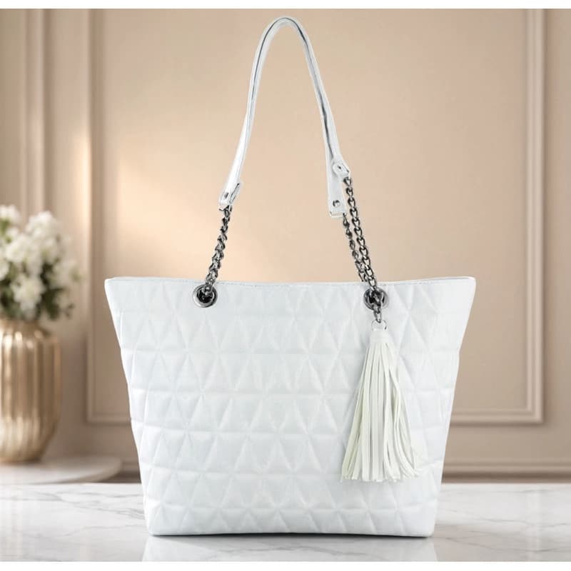 Bolsa Feminina Grande De Ombro Matelassê Espaçosa Faculdade Trabalho Alça Com Tassel Branca