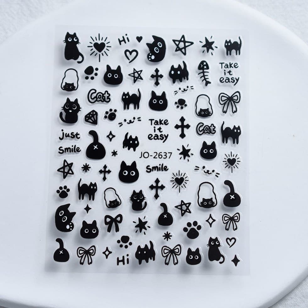 Adesivos de gato para unhas, pretos e brancos, com desenhos fofos de gatinhos, adesivos adesivos para unhas.