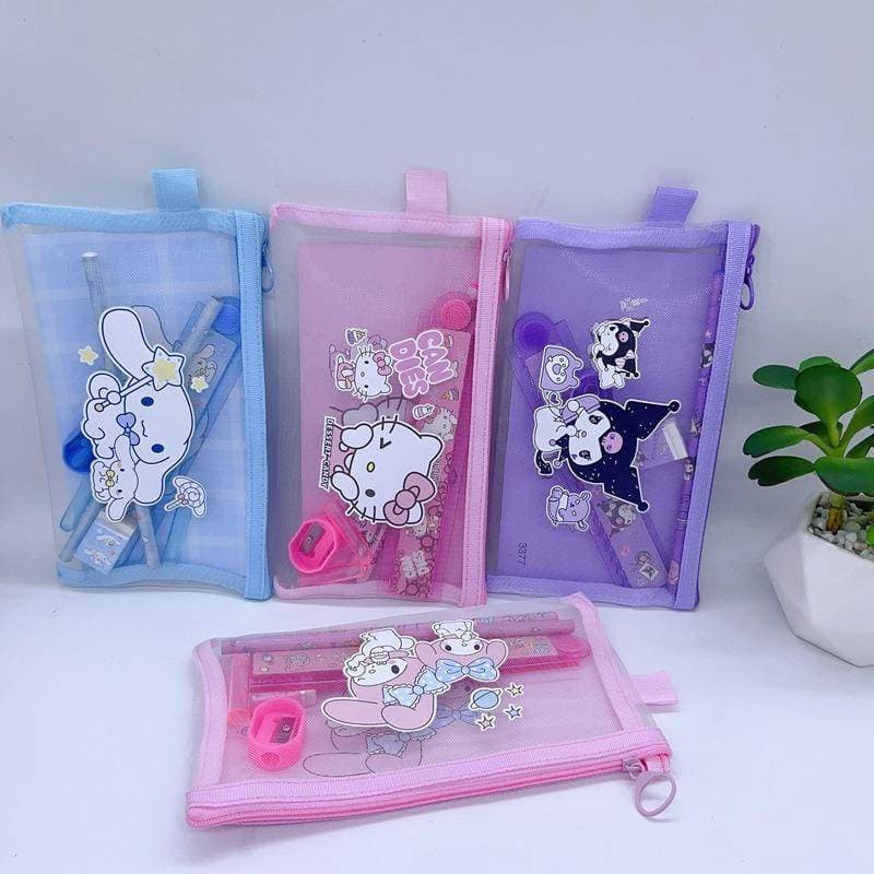 Conjunto de 7 lápis de tricô Sanrio, com os personagens My Melody, Kuromi e Mocholol, adequado para uso como material es