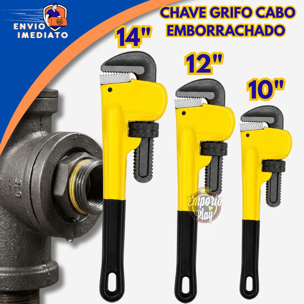 Chave De Grifo 10'' 12'' 14'' Ajustável Uso Profissional Com Cabo Emborrachado Tubulação Encanação