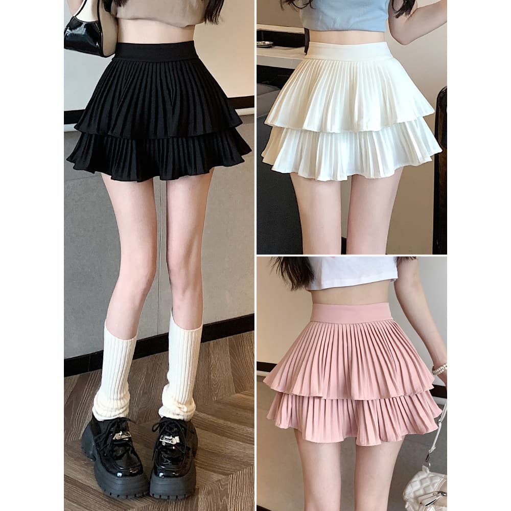Saia plissada meio comprimento saia feminina outono inverno preto bolo saia curta 2025 novo estilo A linha saia Puff