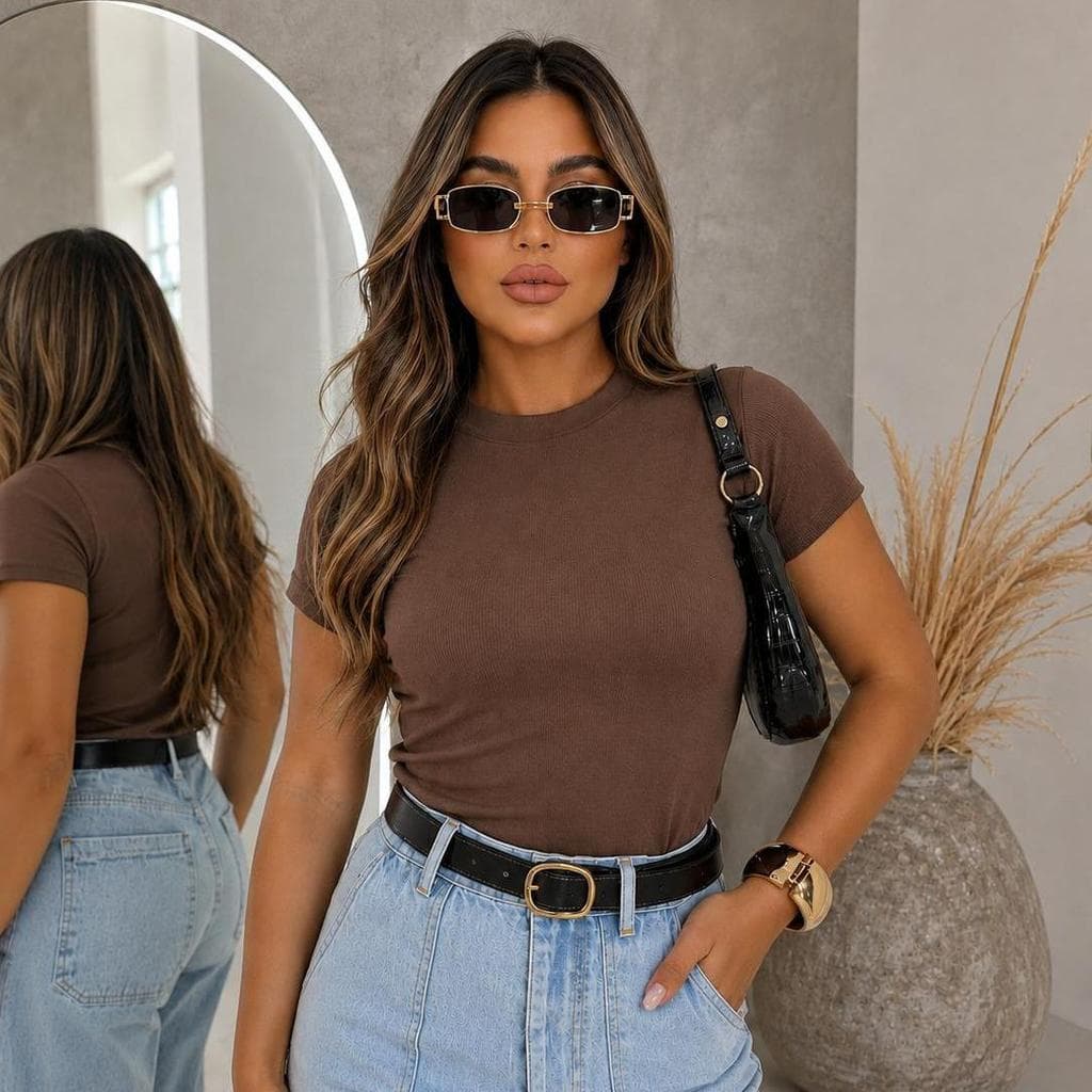 Blusa Feminina Canelada Gola Alta Manga Curta