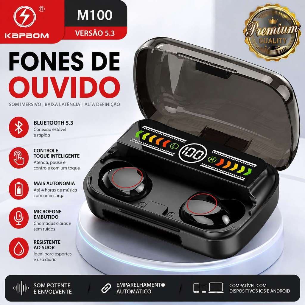 Fone Bluetooth Sem Fio M100 Versão 5.3 Com Display LED, Modo Jogo e Música, Fone de Ouvido Esportivo