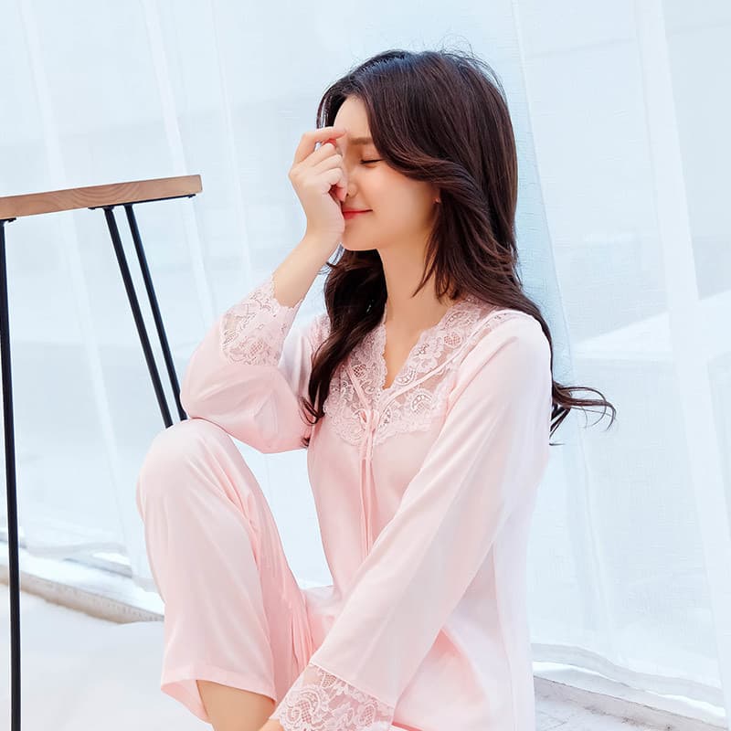 Primavera outono pijamas senhoras Casual com decote em V renda estilo fino imitação de seda simples moda versão coreana