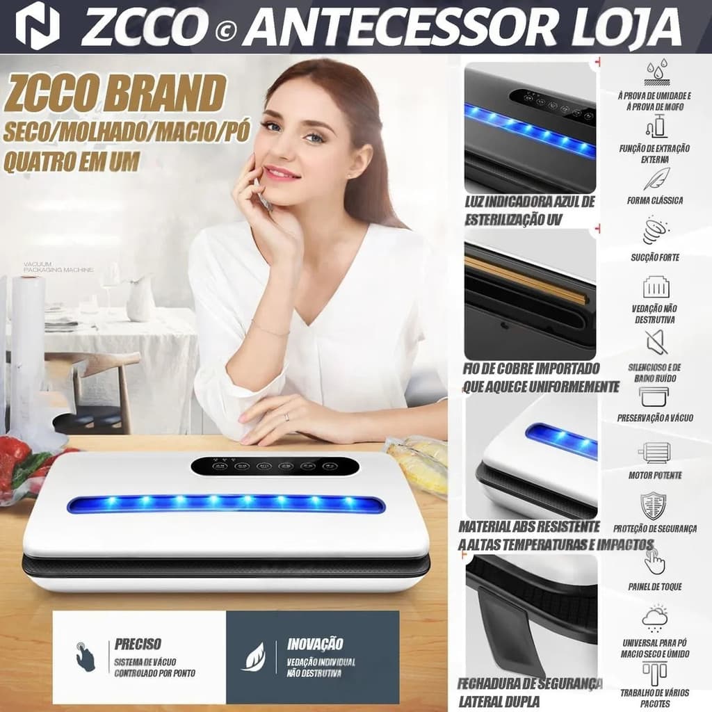 ZCCOBR Máquina Fechar Saco Plástico a Vácuo Doméstica Embaladora de Alimentos Alta Eficiência 220V Seladora Automática