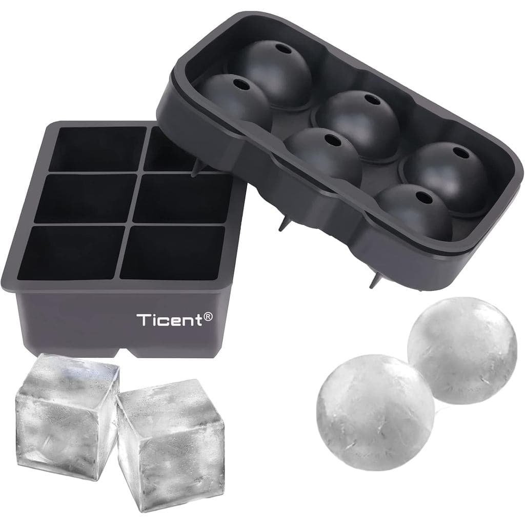 Formas de Gelo Ticent (Conjunto de 2), Formas de Gelo Esféricas de Silicone para Whisky com Tampas e Formas de Gelo Quad