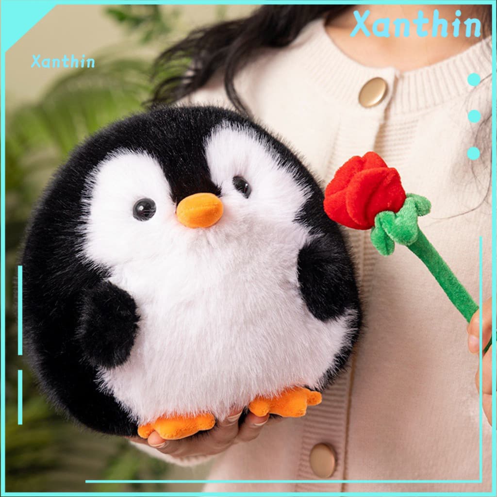 Non-deformable Penguin Plushie Cartoon Plush Toy with Rose Flower – Soft Stuffed Pillow Cute Comfort Doll for Kids Adu