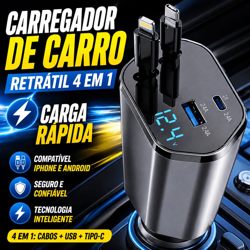 Carregador Veicular Retrátil 4 Em 1 Turbo 120W Tipo C e Lightning Iluminação LED Carregamento Rápido Para Celular Top