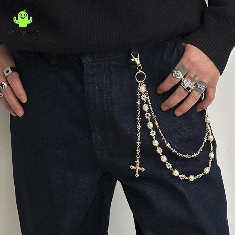 HENGHOME Requintado Luxo Cruz Pingente Imitação Pérola Calças Corrente Para Homens Punk Hip Hop Jeans Acessórios De Roup