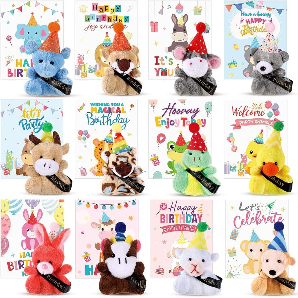 12 Conjuntos de Mini Animais de Pelúcia para Aniversário com Cartões, Decorações para Festa de Aniversário, Mini Animais