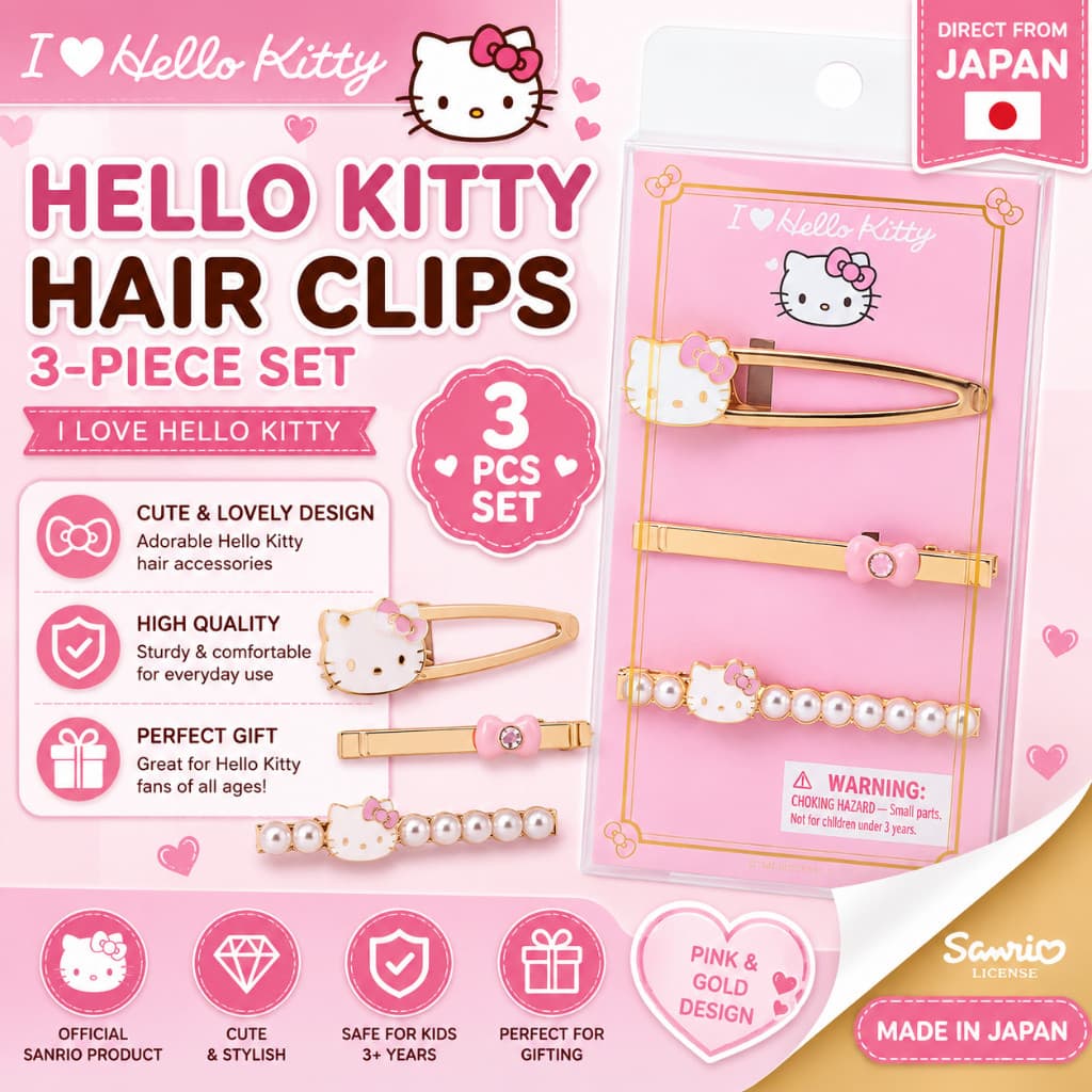 ✨ Hello Kitty Hair Clips 3pcs Set – I Love Hello Kitty ✨【Direct from Japan】