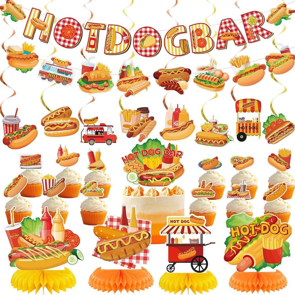 Decorações de Papel para Festa de Hot Dog, Suprimentos para Festa de Hot Dog Incluem Faixa Decorativa para Bar de Hot Do