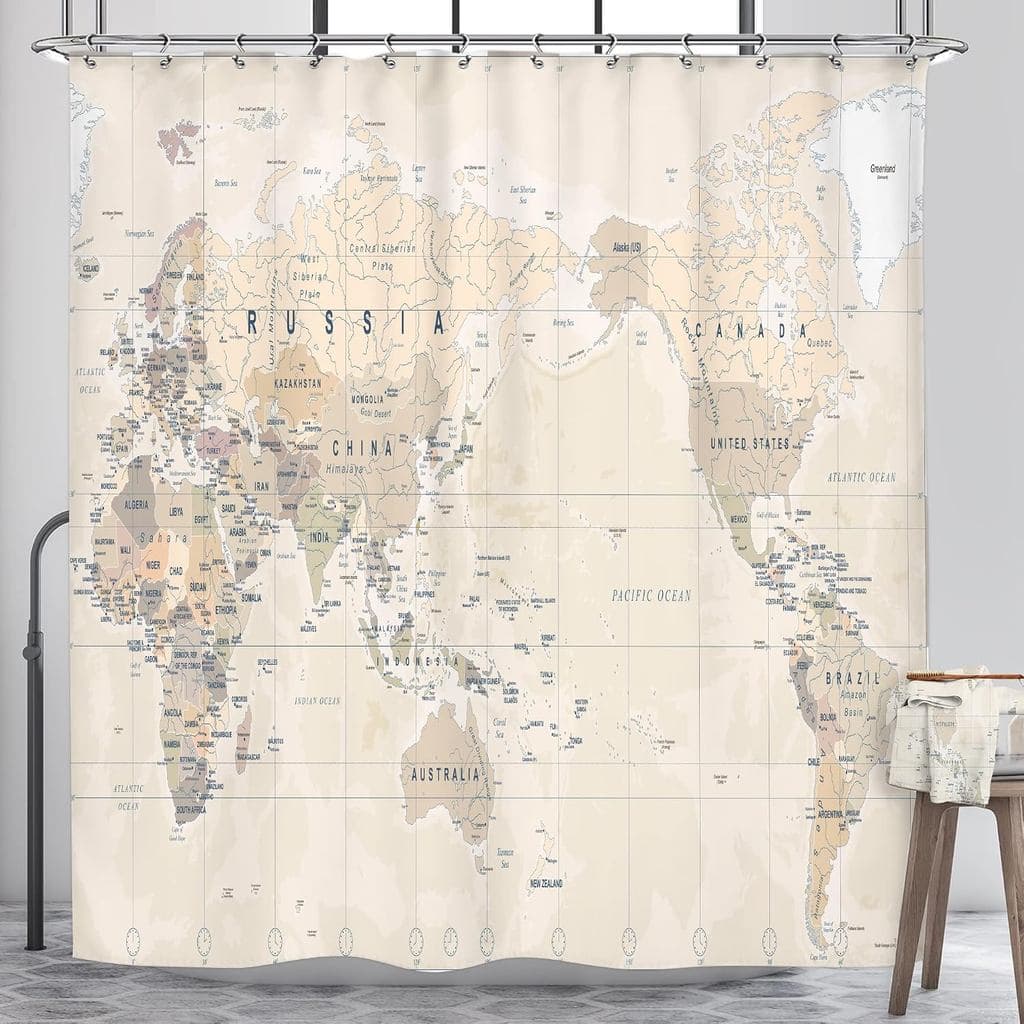 Cortina de Chuveiro Mapa Mundi Riyidecor Bege Educacional Vintage Geografia Retro Países Capital da Terra Decoração de V