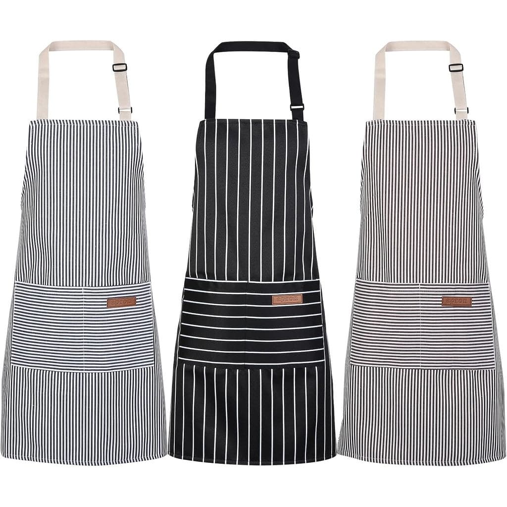 Conjunto de 3 Aventais de Cozinha, Avental de Chef Ajustável com 2 Bolsos para Mulheres e Homens, Avental Listrado, Supr