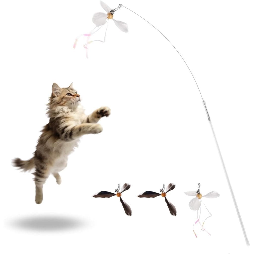 Varinha Retrátil para Gatos com Pena Natural Giratória – Varinha Interativa para Gatos de Interior, Brinquedo Leve e Aju