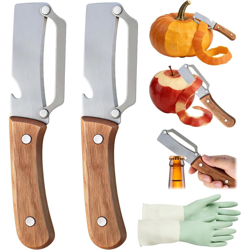 Descascador de Legumes Multifuncional para Cozinha, Descascador de Legumes e Frutas em Aço Inoxidável com Cabo de Madeir