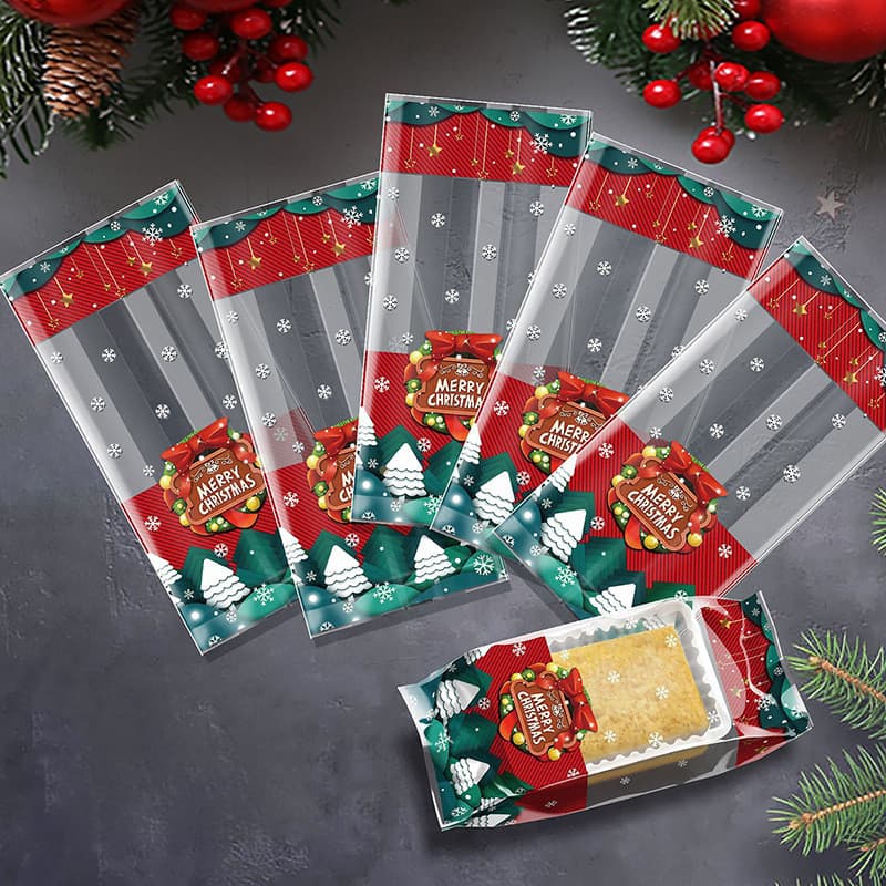 100 sacos planos OPP vermelhos com nó de Natal em formato de acordeão para embalagem de doces e chocolates em festas de