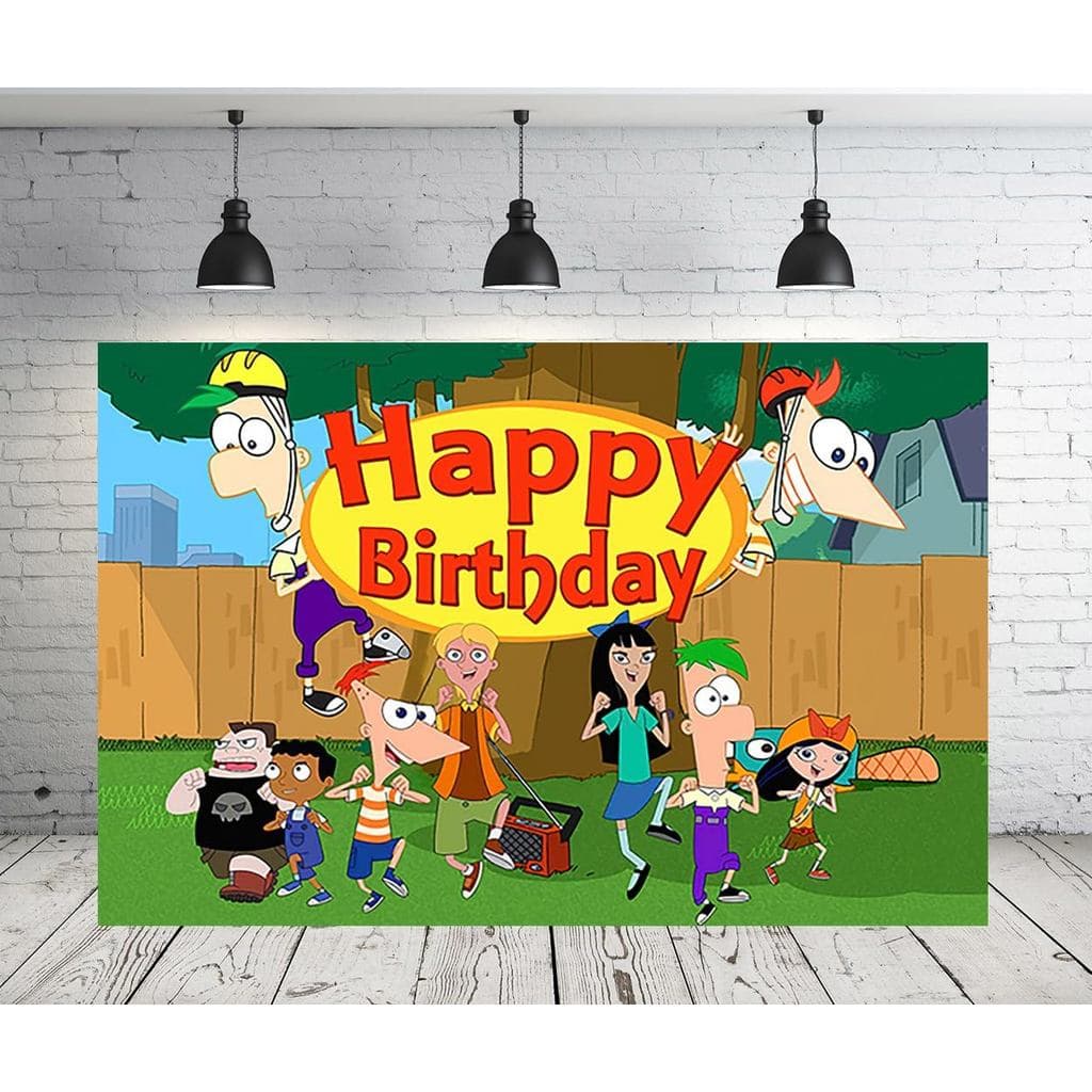 Pano de Fundo RNINE do Phineas e Ferb 5x3 pés, Fundo Fotográfico de Desenho Animado para Artigos de Festa de Aniversário