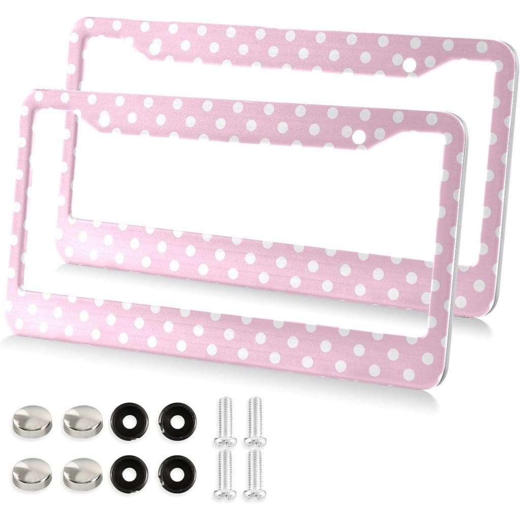 Porta-Placa de Carro Rosa com Bolinhas, 2 Furos, em Alumínio Anticorrosão, com Parafusos para Acessórios Automotivos - F