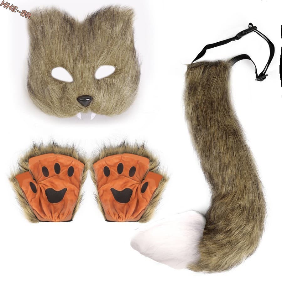 Luvas De Máscara De Raposa De Halloween Cauda De Pelúcia-Adereços De Cosplay De Animais Para Decoração De Festa