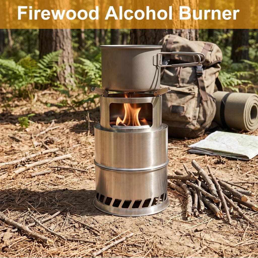 Grande fogão de acampamento dobrável em aço inoxidável, queimador de álcool para lenha, para caminhadas ao ar livre,