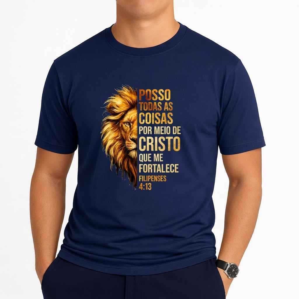 Camiseta Cristã Leão Posso Todas As Coisas Versículo Algodão