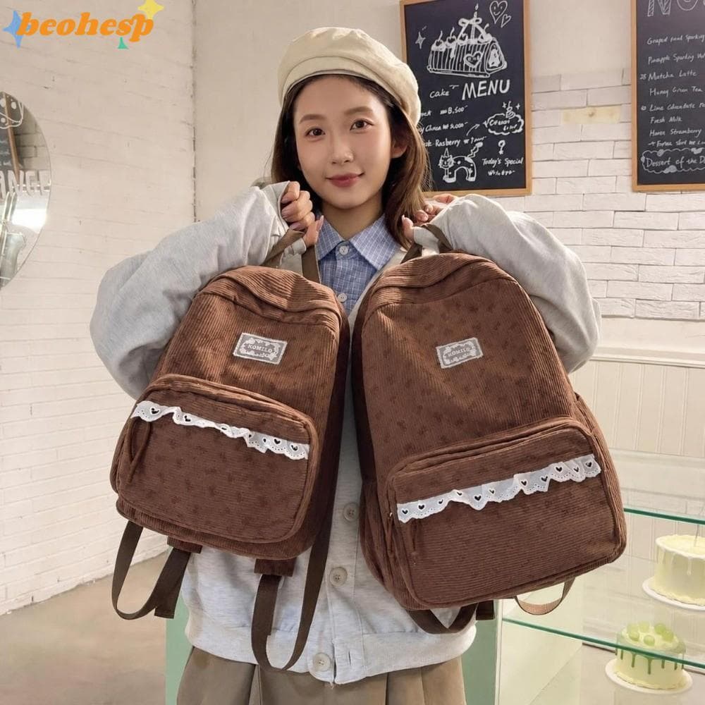 Mochila De Veludo BEOHESP , Estudante Com Padrão De Bolinhas Estilo Coreano , Grande Capacidade