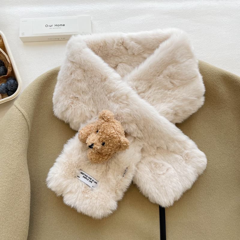 Bonito urso cachecol imitação de pele de coelho cachecol feminino inverno grosso cachecol de pelúcia menina quente cruz