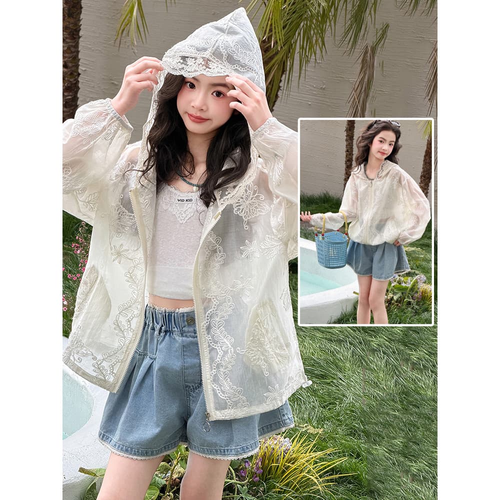 2026 verão meninas rendas protetor solar Cardigan respirável leve com capuz estilo ocidental jaqueta grandes crianças vi