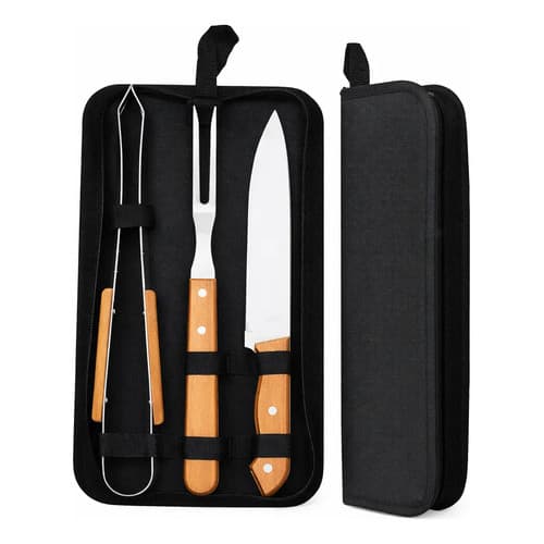 Kit De Churrasco 3 Peças Em Aço Inox Com Cabo De Madeira + E